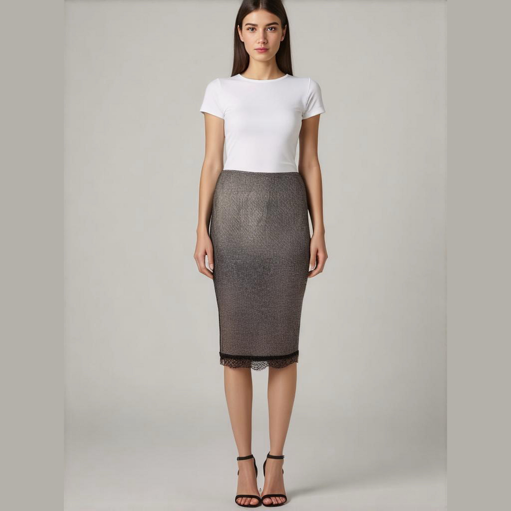 NWT ZARA STRECH PENCIL  SILVER METALLIC STULE SKIRT W BLACK LACE TREAM - Picture 1 of 9